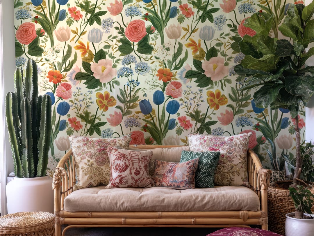 Maximalistische bloemenmarkt wallpaper