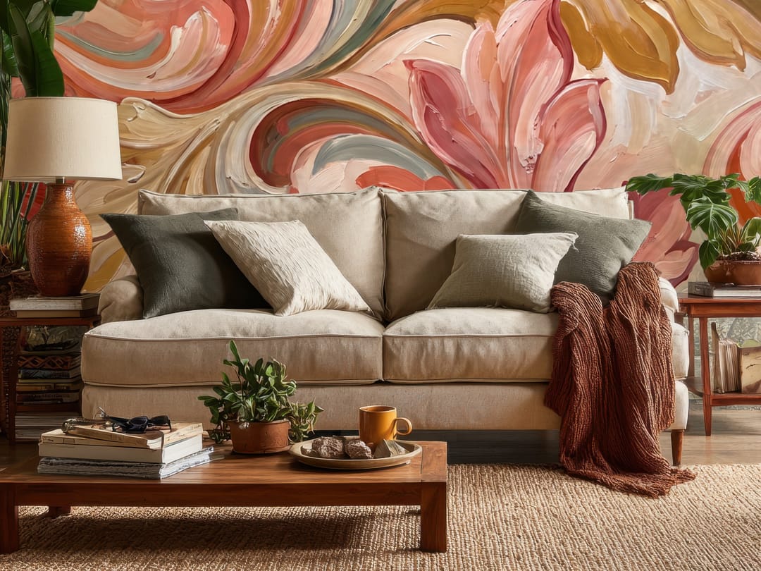 Peach Baroque Scroll mural