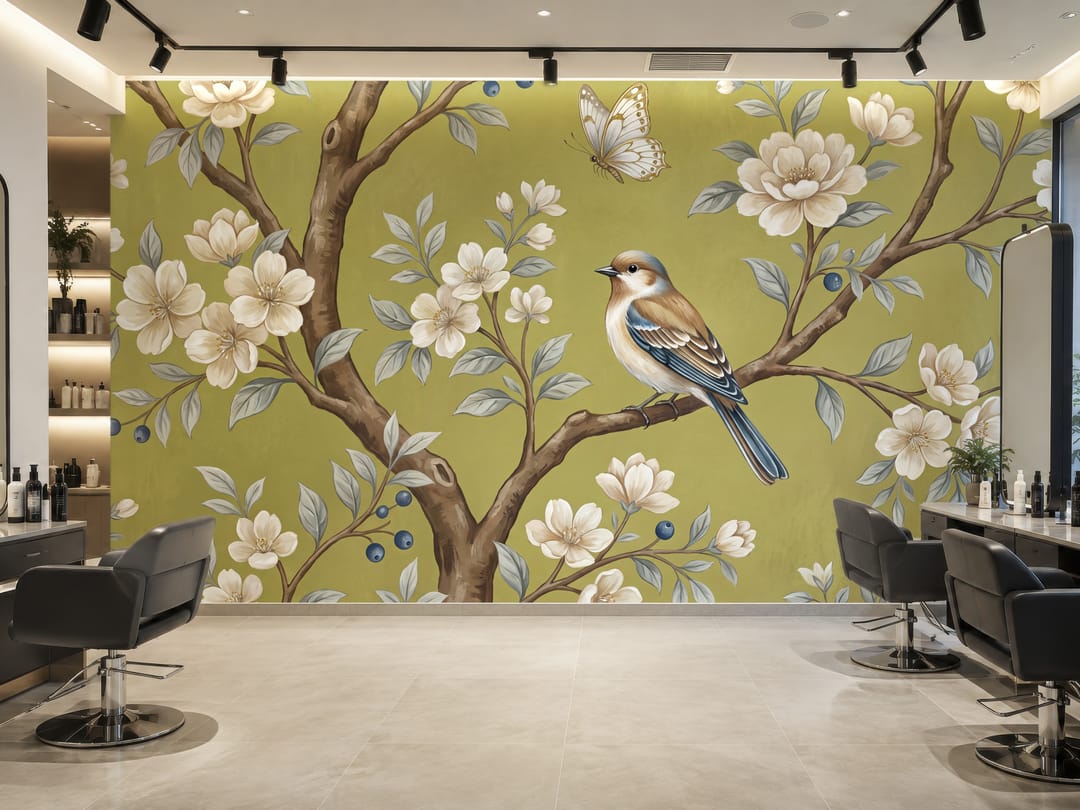 Olive Songbird Blossom mural