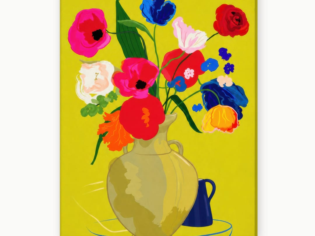 Poppies on Chartreuse canvas