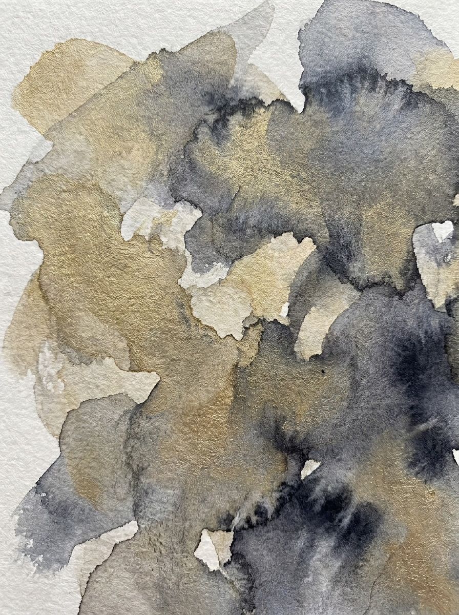 Détail d’un papier peint abstrait aux effets fluides d’aquarelle et de sable doré métallisé