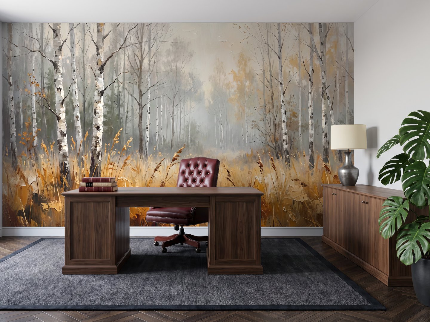 Gouden berken in nevel mural