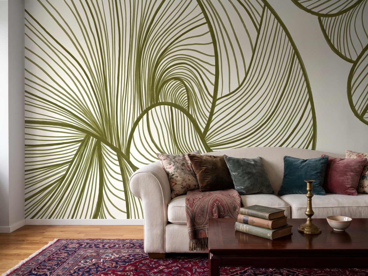 Olive Line Fronds mural