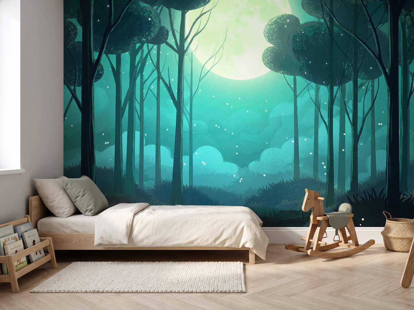 Teal Moonlit Forest mural