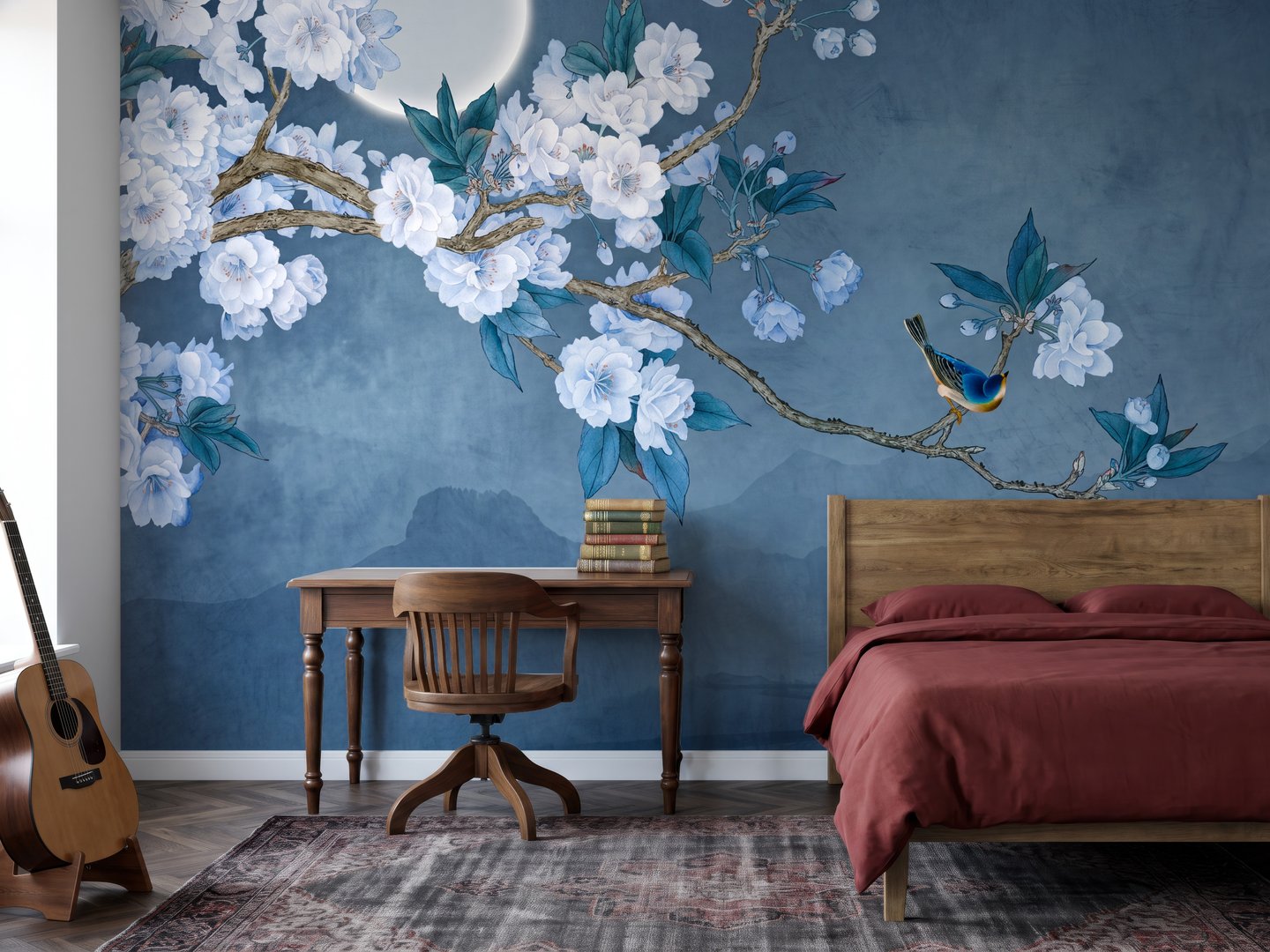 Blue Blossom Birds mural