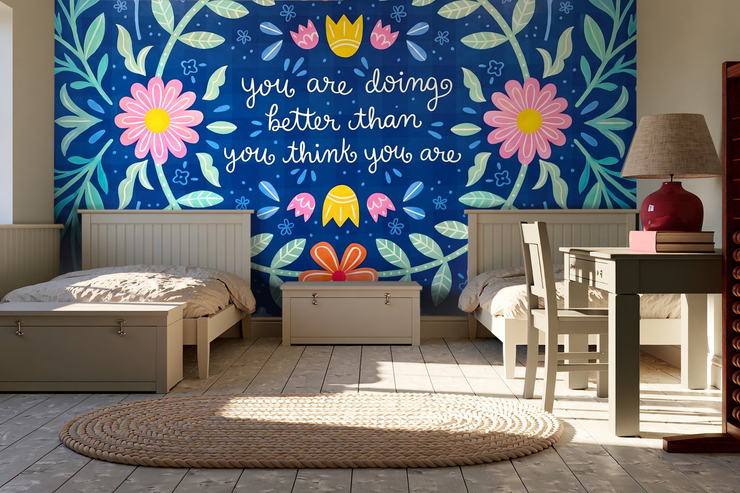 Folk Bloom Motto blå mural