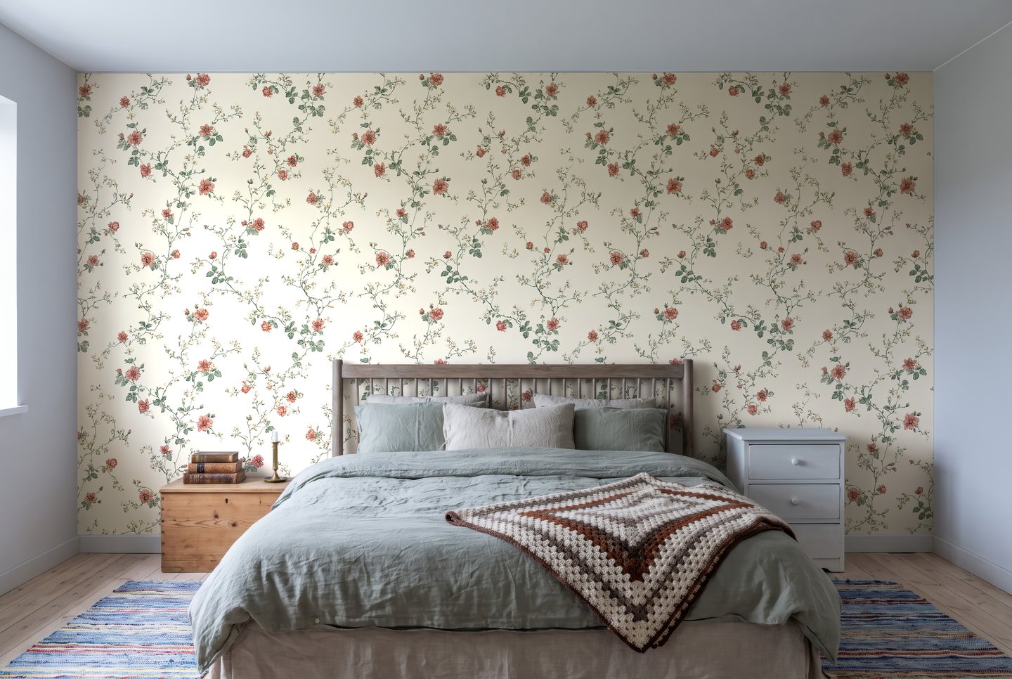 Rosebud Sprig Cream 크림색 wallpaper