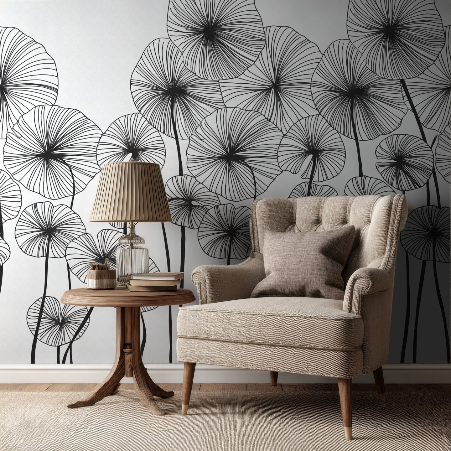 Ink Lotus Leaves svart mural