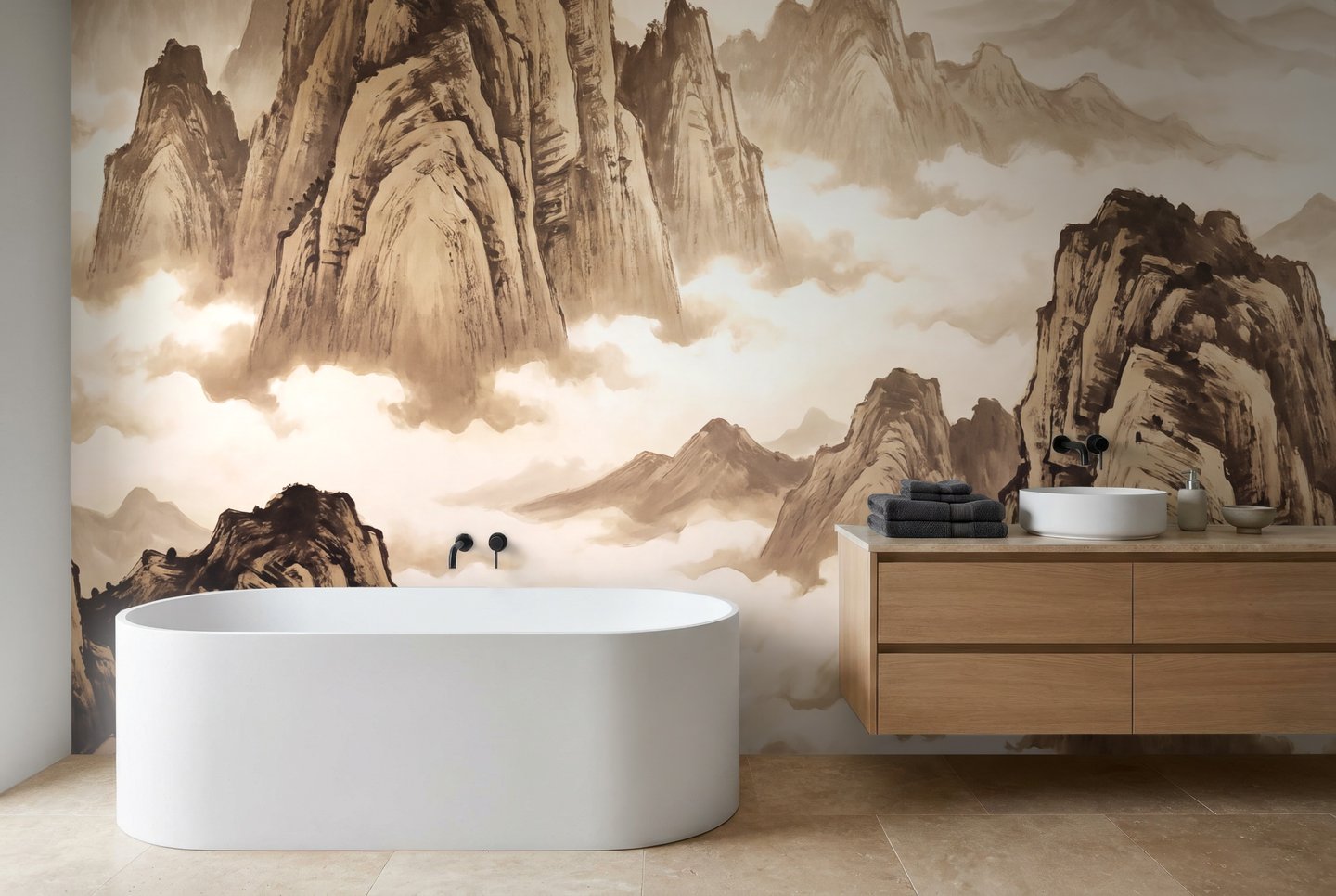 霧に包まれた山々 茶色 mural