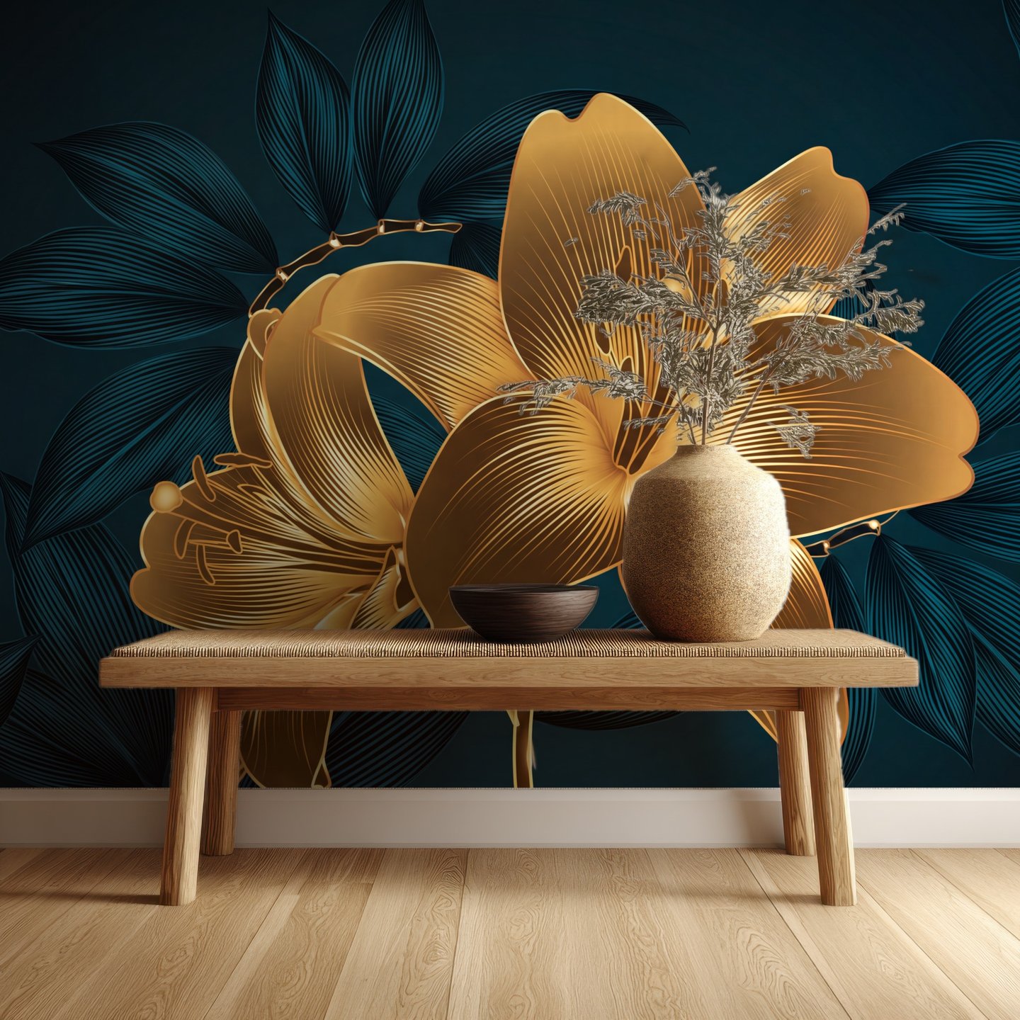 Golden Lily Teal gold mural