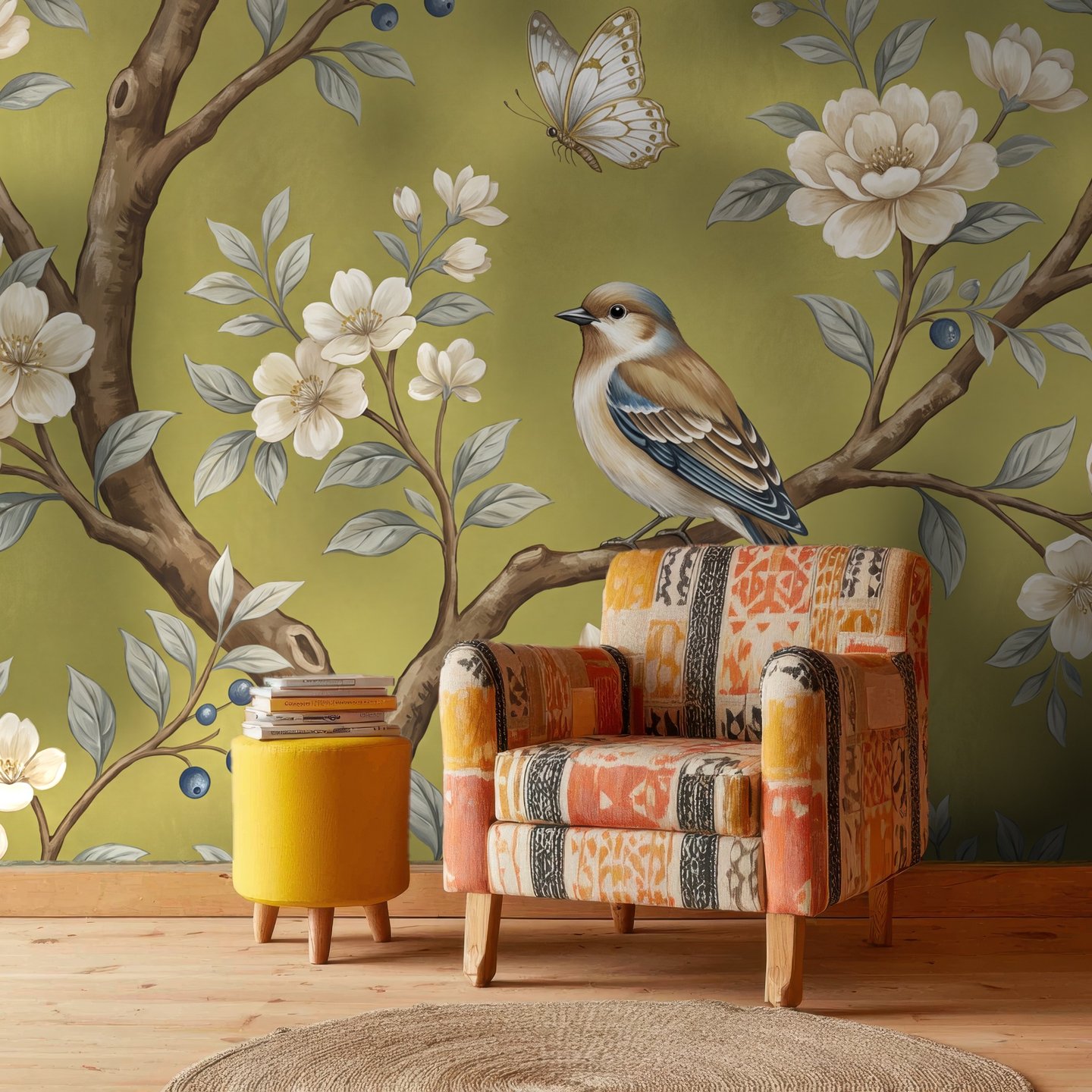 Olive Songbird Blossom 緑 mural