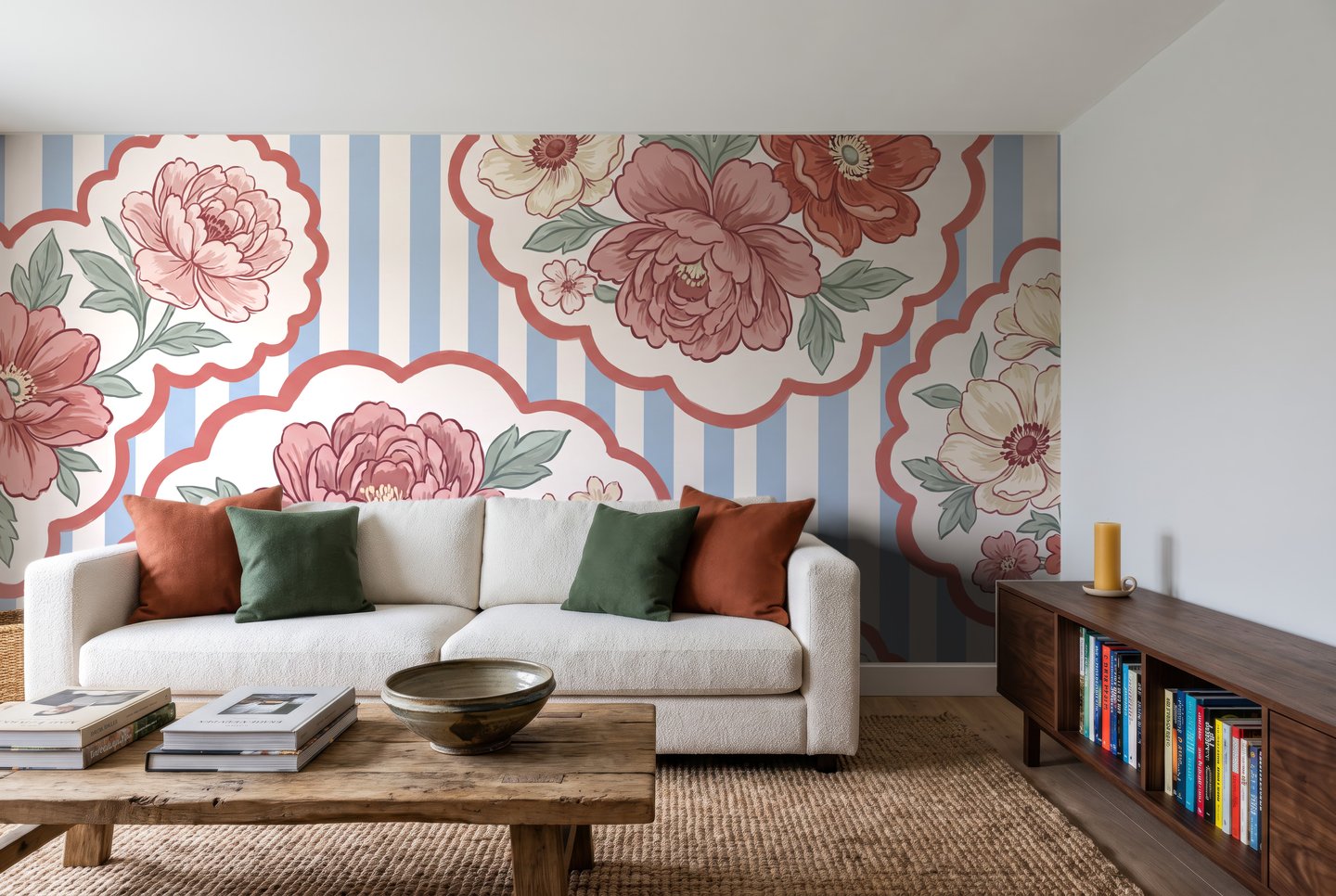Peony Stripe Garden 파란색 mural