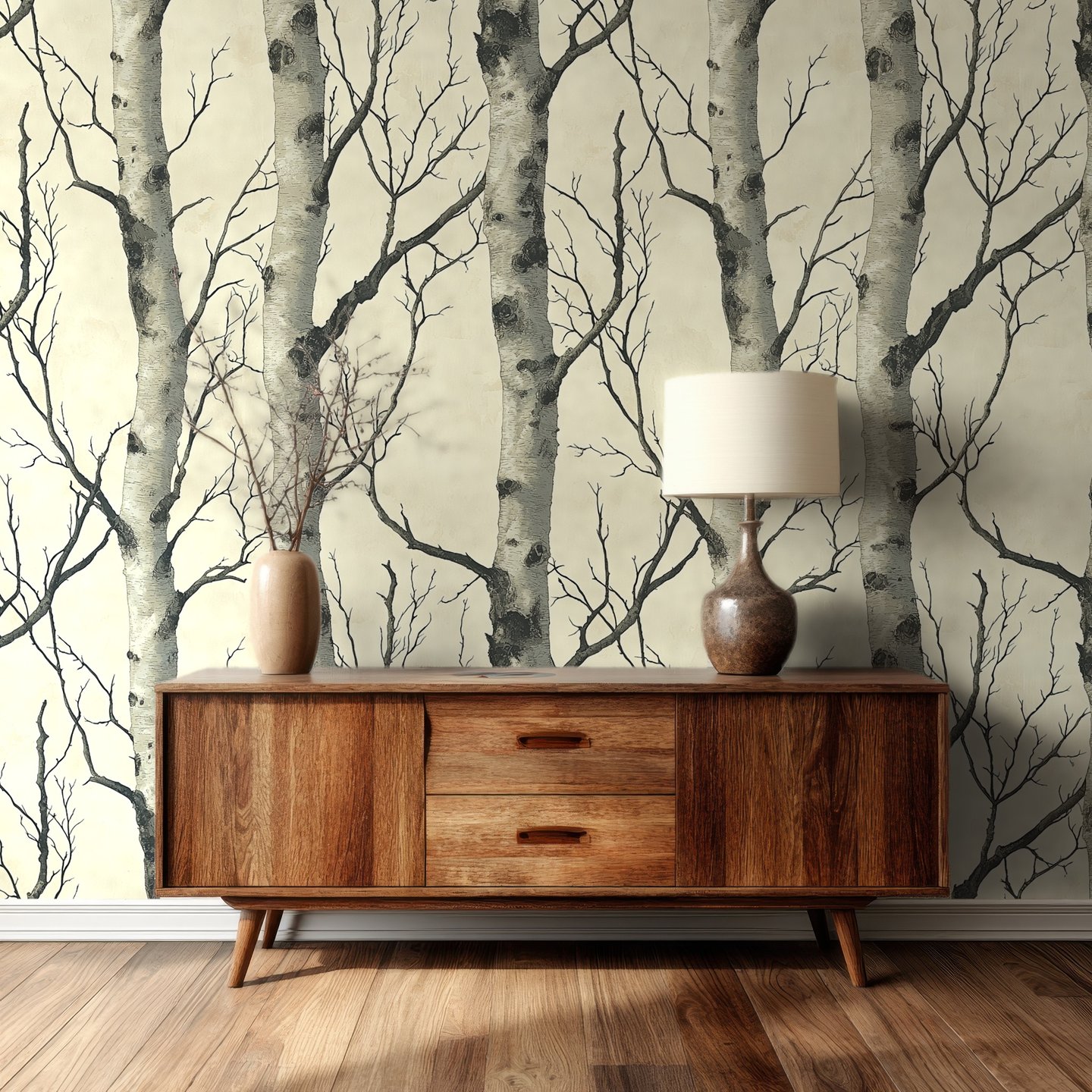 Birch Silhouette kremfarget wallpaper