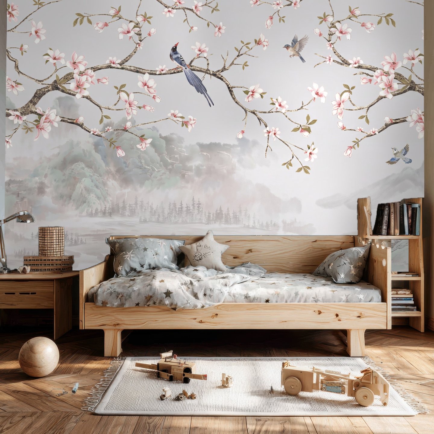 Misty Blossom Heron 회색 mural