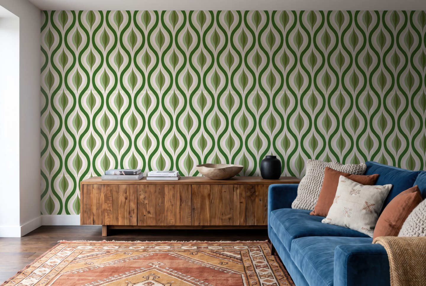 Teal Ogee Wave oliivi wallpaper