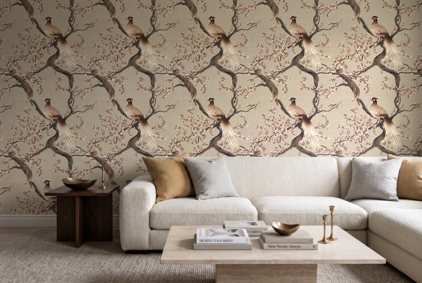 Cherry Pheasant beige wallpaper