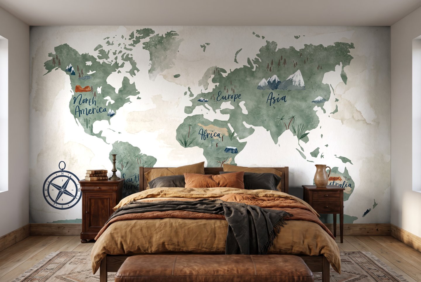 Teal World Map vert mural