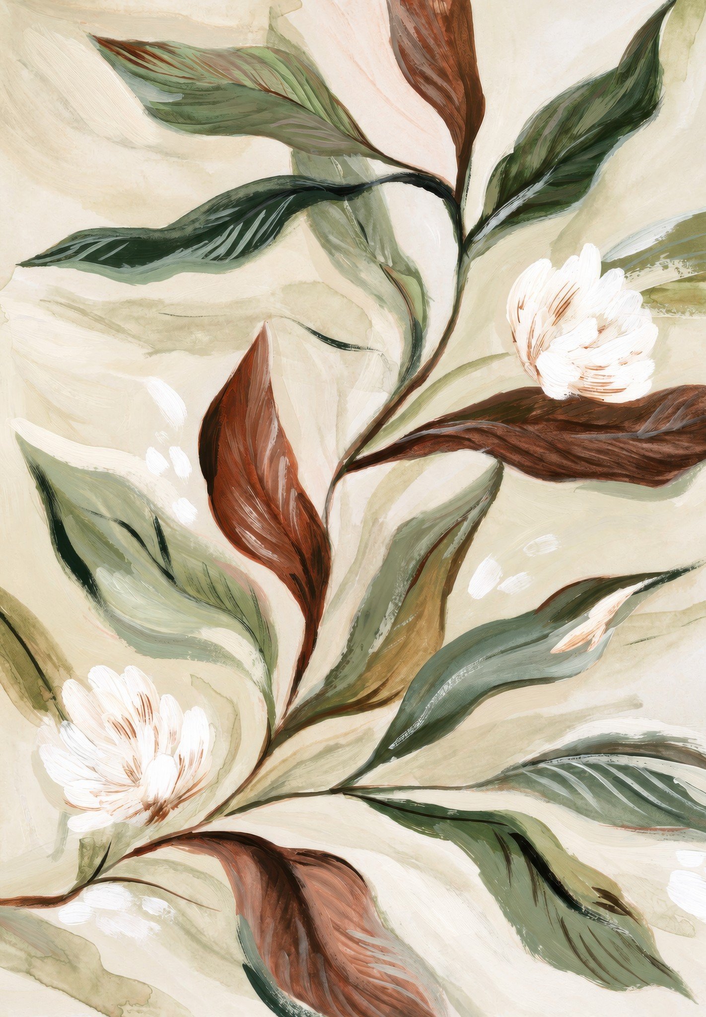 Copper Leaves, White Blooms